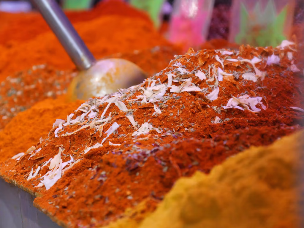 A table with mounds of spices